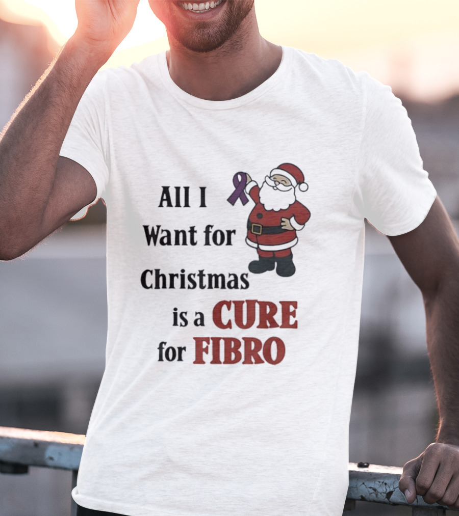Santa Claus All I Want For Christmas Is A Cure For Fibro Purple Ribbon T-Shirt