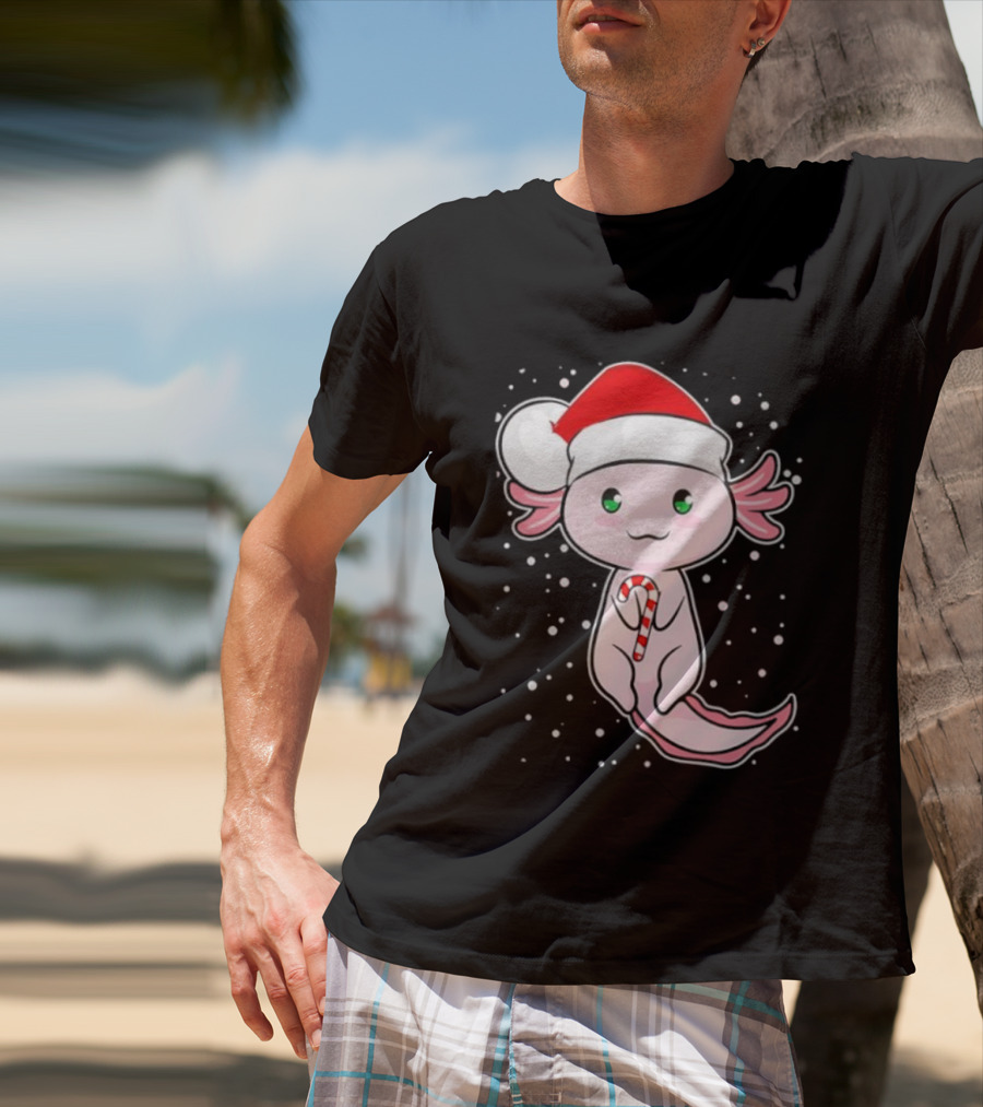 Axolotl Christmas Candy Cane Santa Hat Cute Holiday Snowflakes T-Shirt