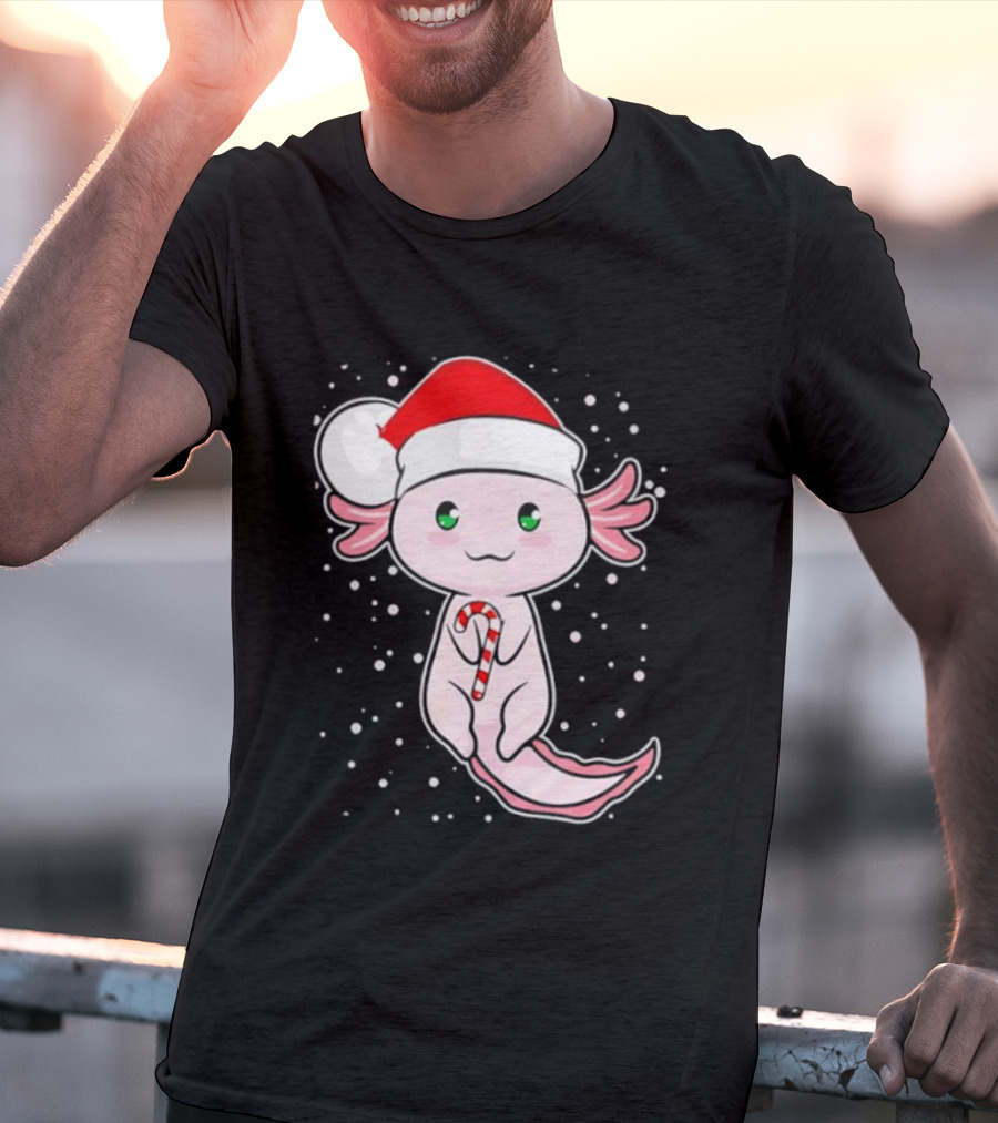 Axolotl Christmas Candy Cane Santa Hat Cute Holiday Snowflakes T-Shirt
