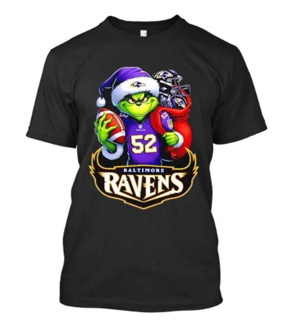 Baltimore Ravens Grinch Santa Hat Holding Football Ravens Logo Grinchmas T-Shirt