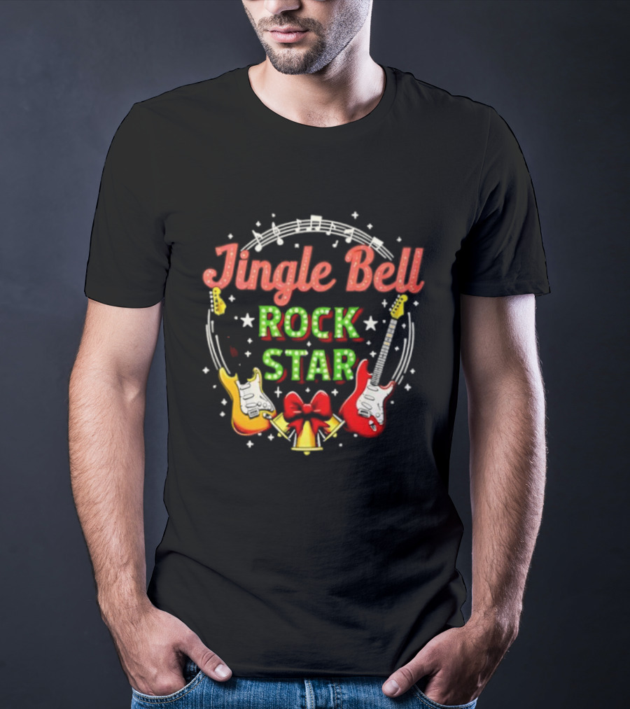 Jingle Bell Rock Star Christmas Music Guitar Holiday Bow T-Shirt