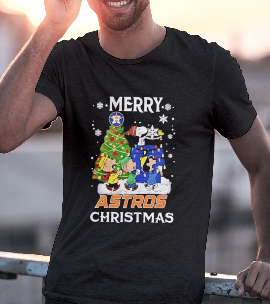 Merry Astros Christmas Snoopy And Friends Holiday Baseball Celebration T-Shirt