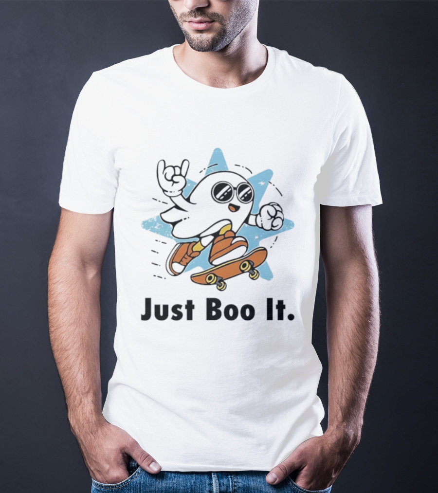 Ghost Skateboarding Just Boo It Halloween Cartoon Fun T-Shirt