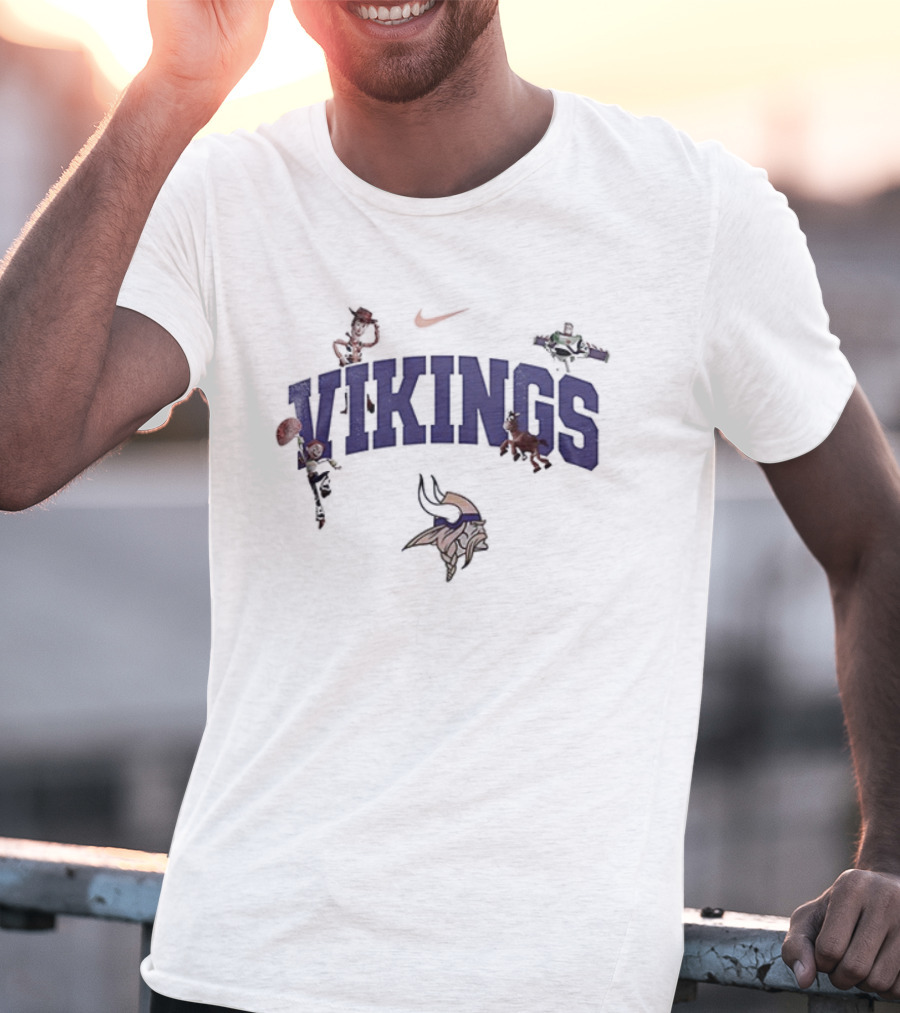 Nike Minnesota Vikings Toy Story Collaboration With Woody, Buzz Lightyear, And Mr. Potato Head T-Shirt