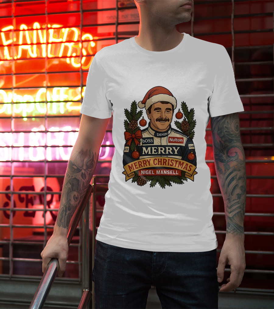 Nigel Mansell Merry Christmas Boss Denim Nulton Goodyear Racing Santa Hat Pinecones T-Shirt