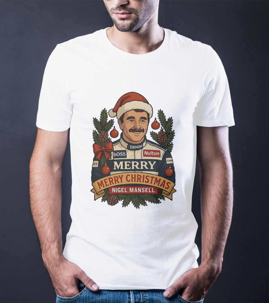 Nigel Mansell Merry Christmas Boss Denim Nulton Goodyear Racing Santa Hat Pinecones T-Shirt