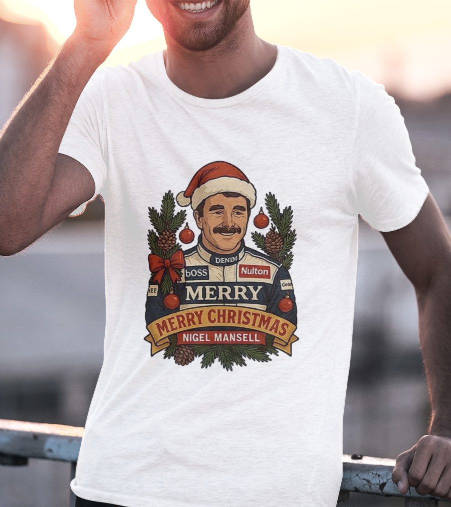 Nigel Mansell Merry Christmas Boss Denim Nulton Goodyear Racing Santa Hat Pinecones T-Shirt