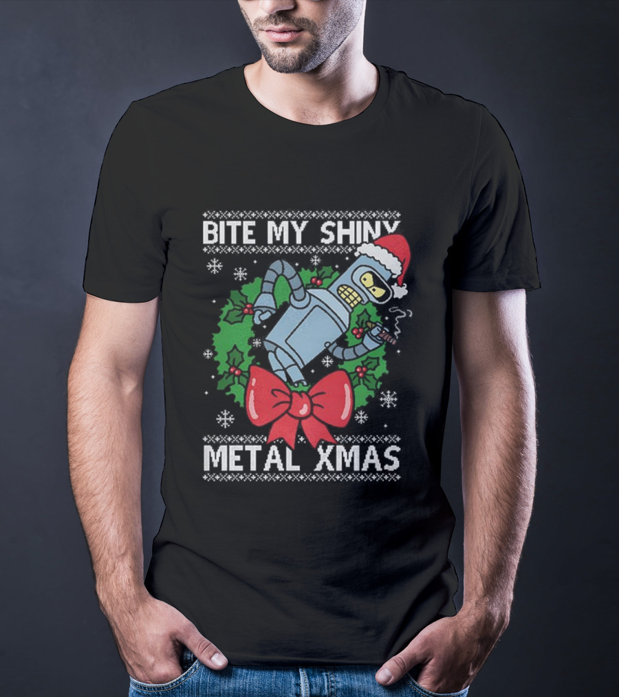 Bite My Shiny Metal Xmas Bender Ugly Christmas T-Shirt