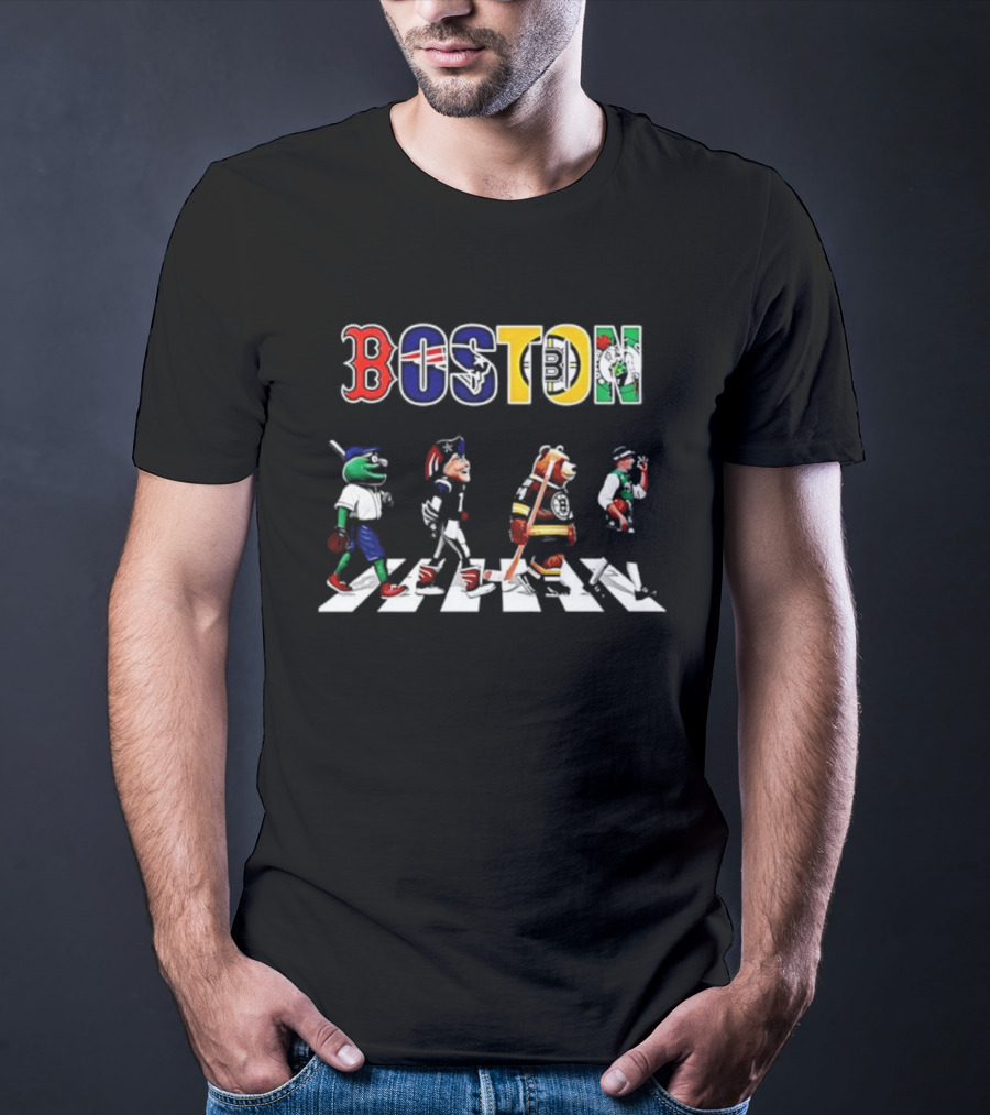 Boston Sports Red Sox Patriots Bruins Celtics Mascots Abbey Road T-Shirt
