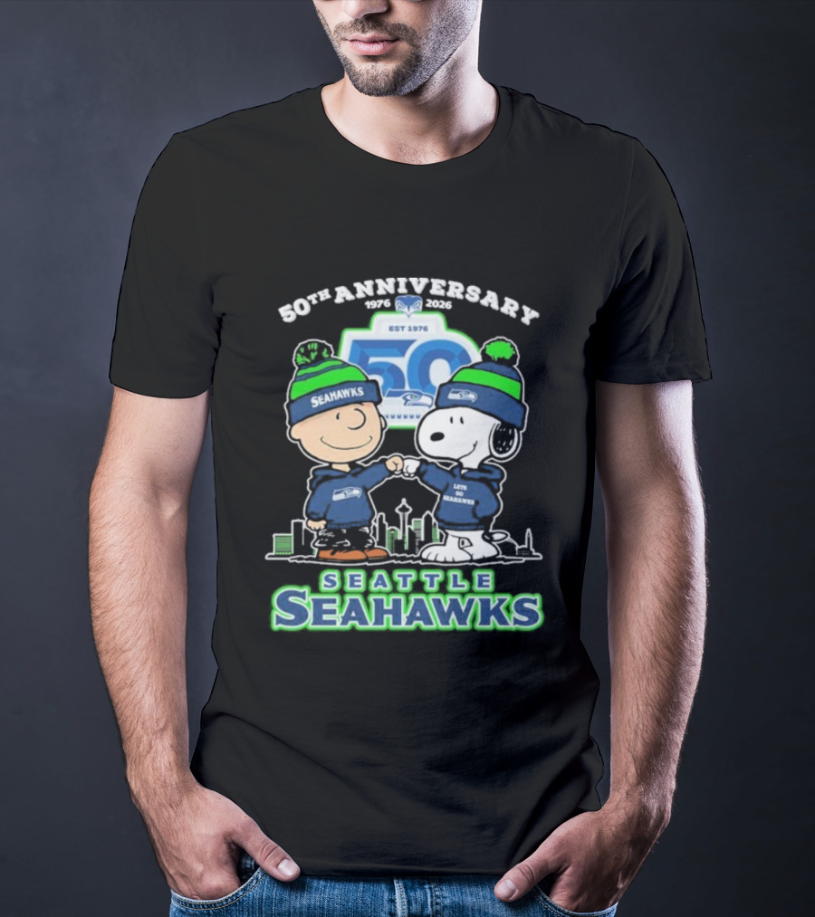 Snoopy Charlie Brown Peanuts Seattle Seahawks 50th Anniversary 1976-2025 T-Shirt