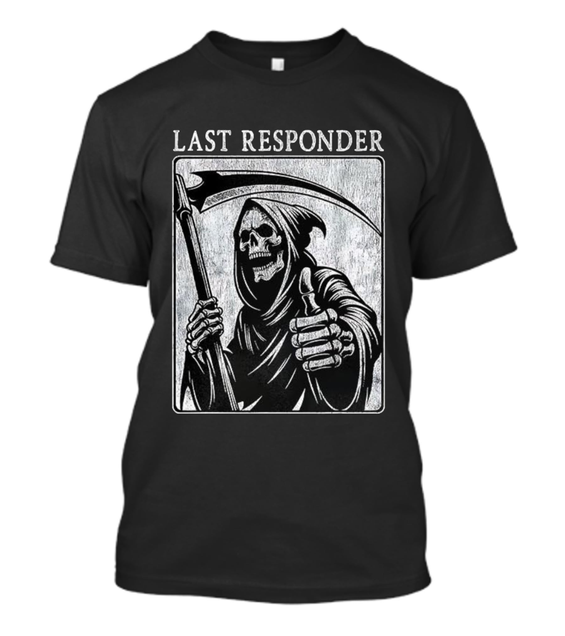 Grim Reaper Thumbs Up Last Responder Skeleton Scythe T-Shirt