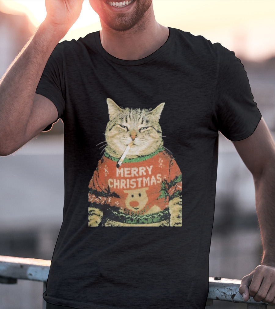 Merry Christmas Cat Sweater Smoking Cat Holiday Bear T-Shirt