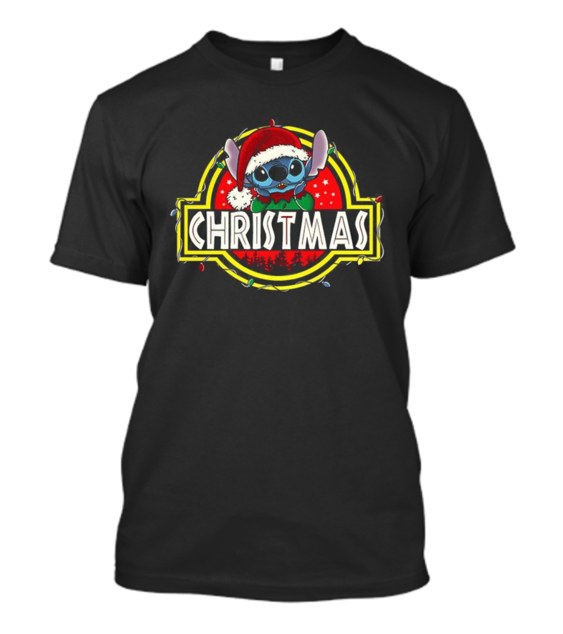 Stitch Santa Hat Ohana Stitchmas Christmas Jurassic Park Theme T-Shirt
