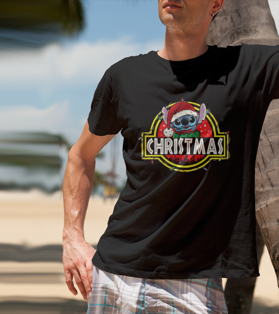 Stitch Santa Hat Ohana Stitchmas Christmas Jurassic Park Theme T-Shirt