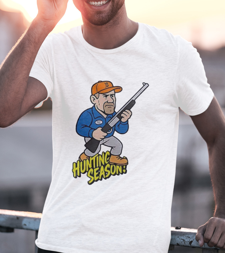 Detroit Lions Hunting Season Cartoon Character With Rifle T-Shirt