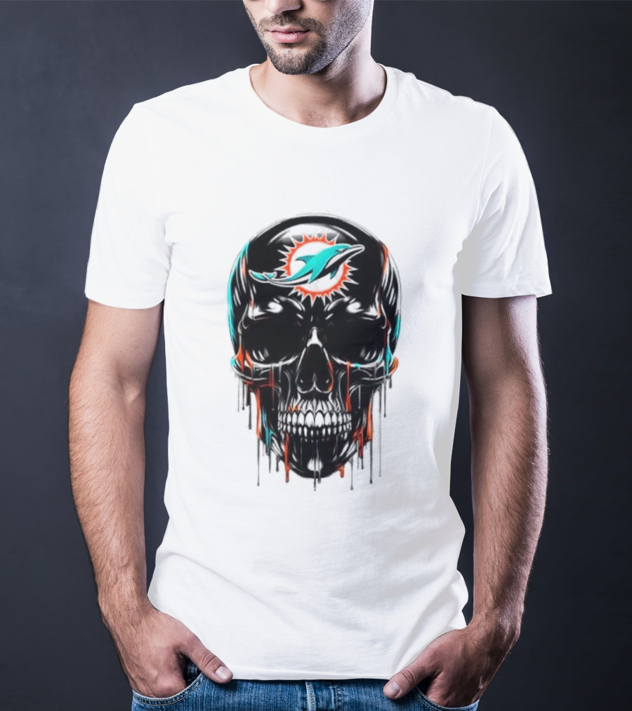 Miami Dolphins Skull Black Art Football Team Skull Fusion T-Shirt
