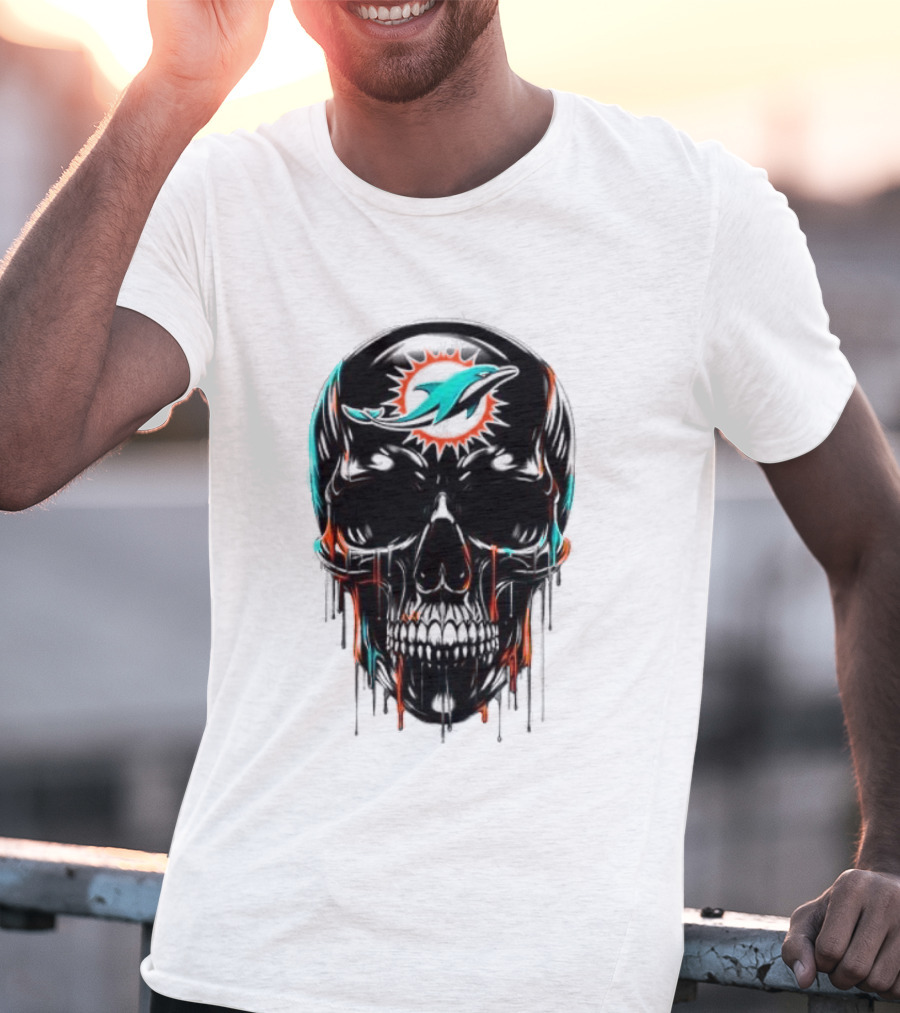 Miami Dolphins Skull Black Art Football Team Skull Fusion T-Shirt