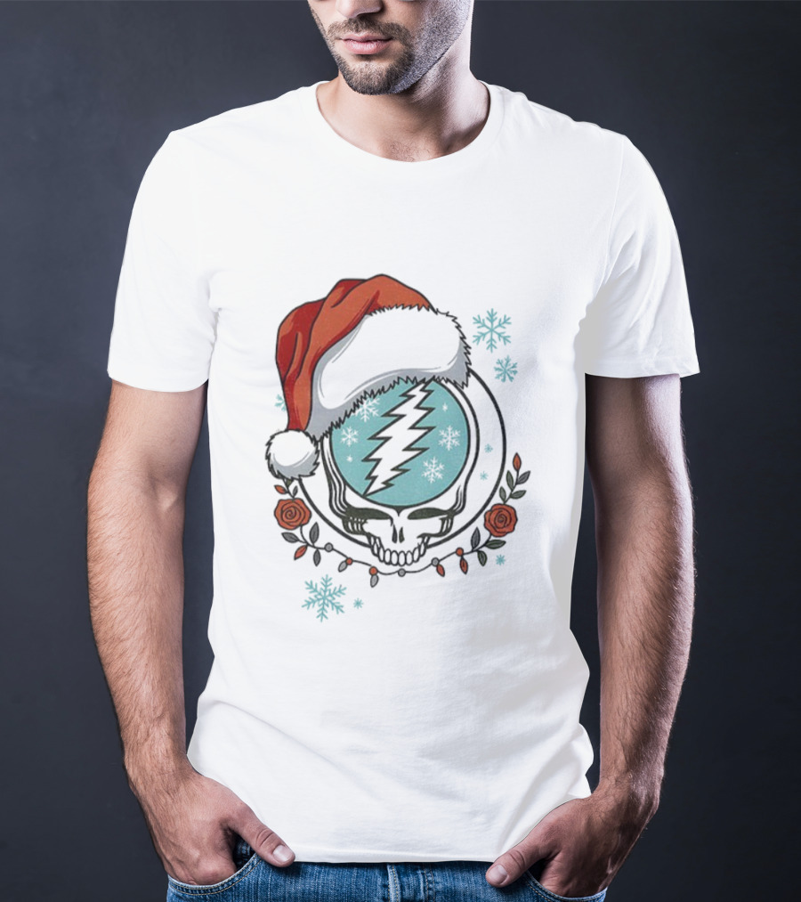 Grateful Dead Steal Your Face Santa Hat Christmas Roses Snowflakes T-Shirt