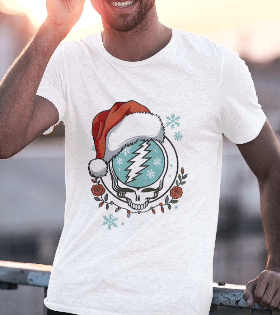 Grateful Dead Steal Your Face Santa Hat Christmas Roses Snowflakes T-Shirt