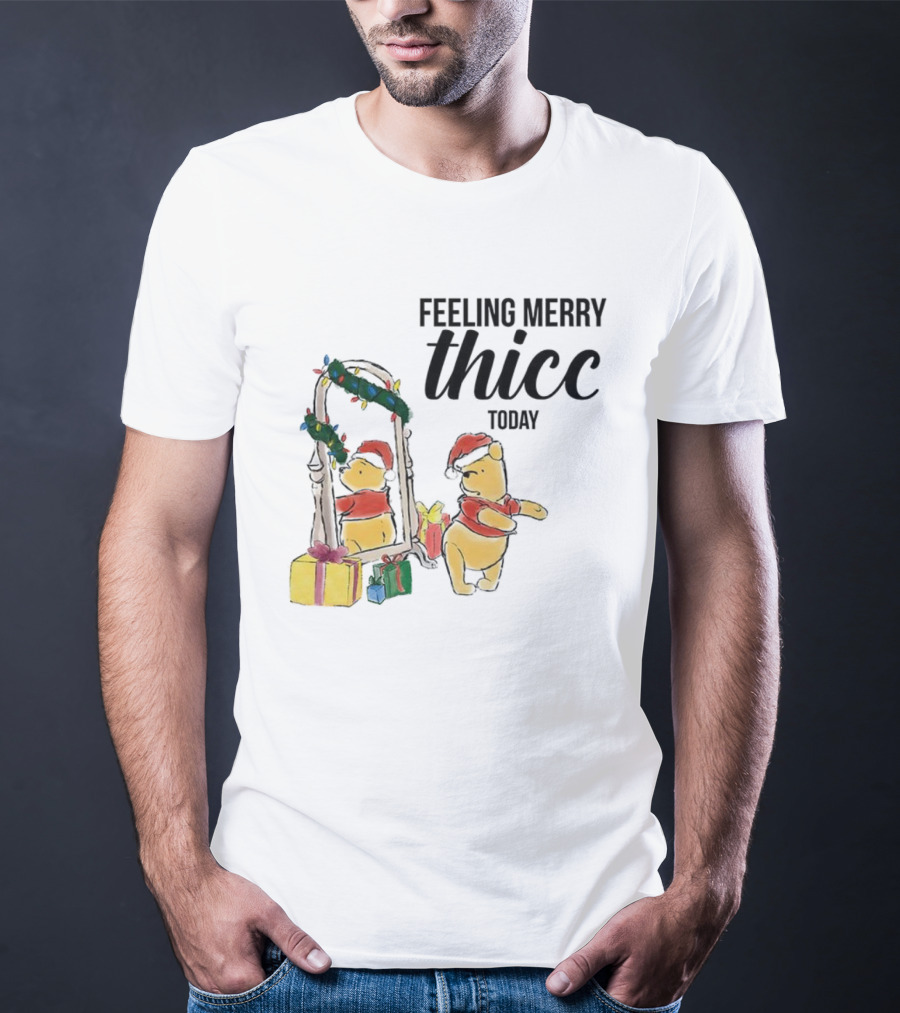Winnie The Pooh Feeling Merry Thicc Today Christmas Mirror Reflection Holiday Gifts Santa Hat T-Shirt