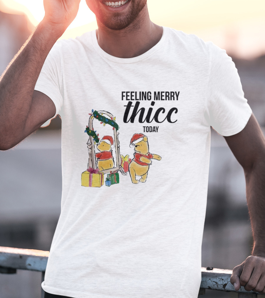 Winnie The Pooh Feeling Merry Thicc Today Christmas Mirror Reflection Holiday Gifts Santa Hat T-Shirt