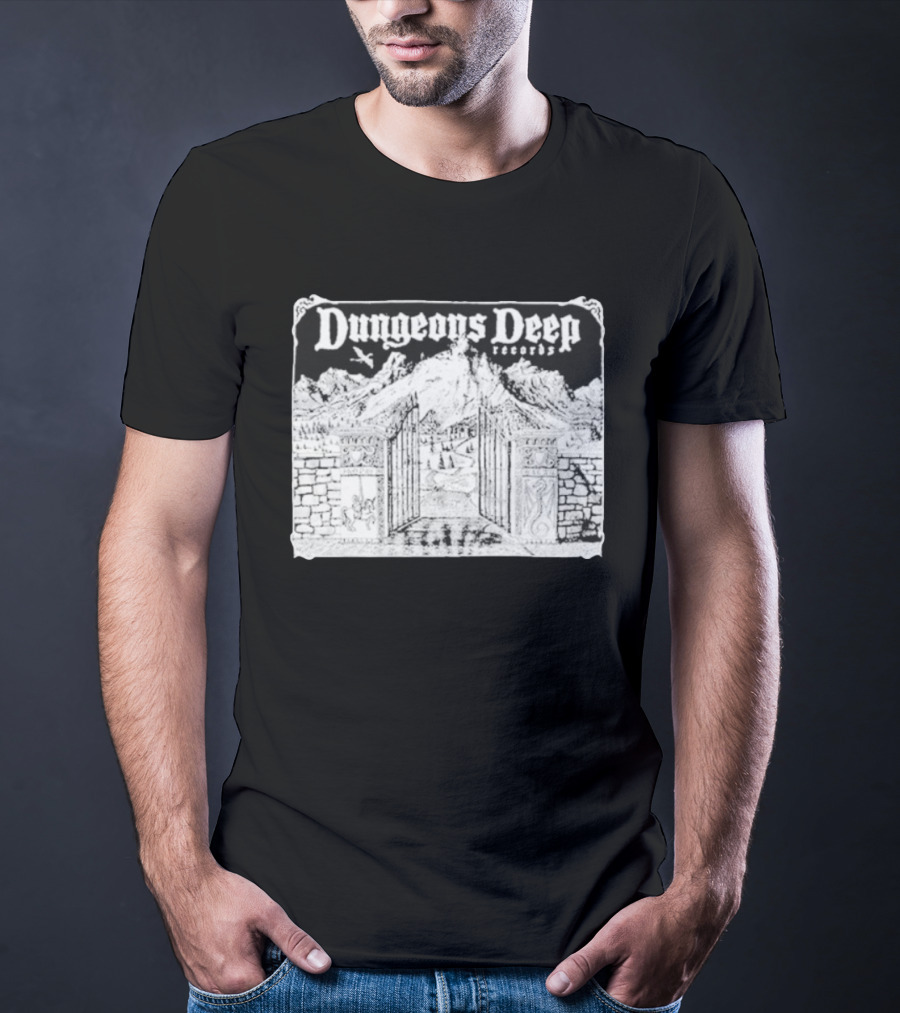 Dungeons Deep Records Fantasy Mountain Gate Adventure Scenic Landscape T-Shirt