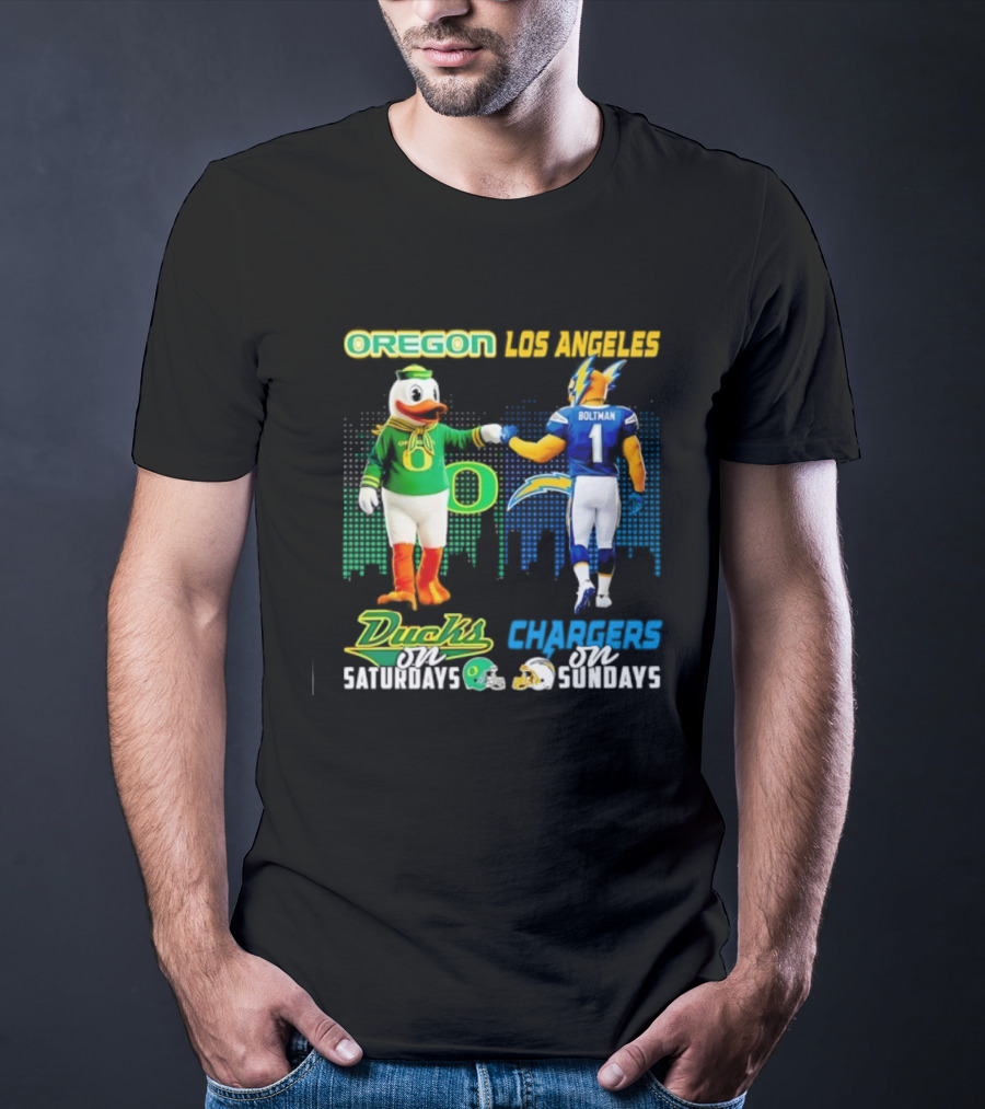 Oregon Ducks Saturdays Los Angeles Chargers Sundays Mascot Matchup T-Shirt