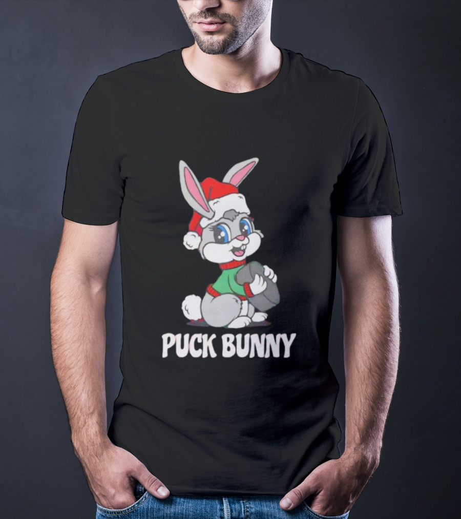 Puck Bunny Christmas Festive Holiday Hockey Rabbit In Santa Hat T-Shirt