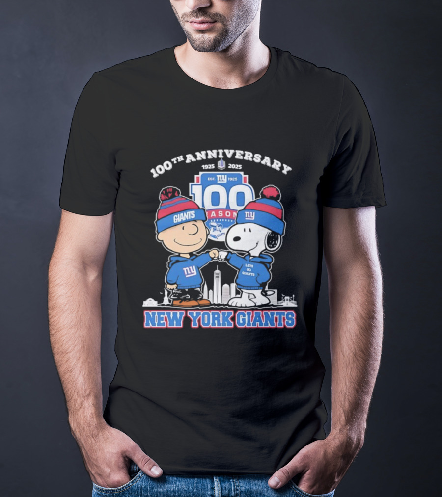 Snoopy And Charlie Brown New York Giants 100th Anniversary 1925 To 2025 T-Shirt