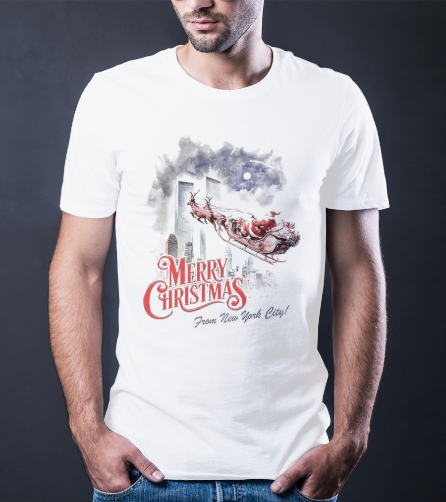 Merry Christmas From New York City Santa And Twin Towers 9 11 Caricature T-Shirt