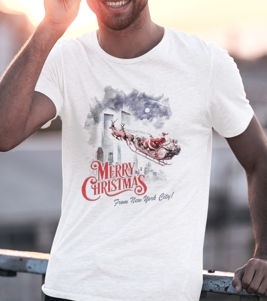 Merry Christmas From New York City Santa And Twin Towers 9 11 Caricature T-Shirt