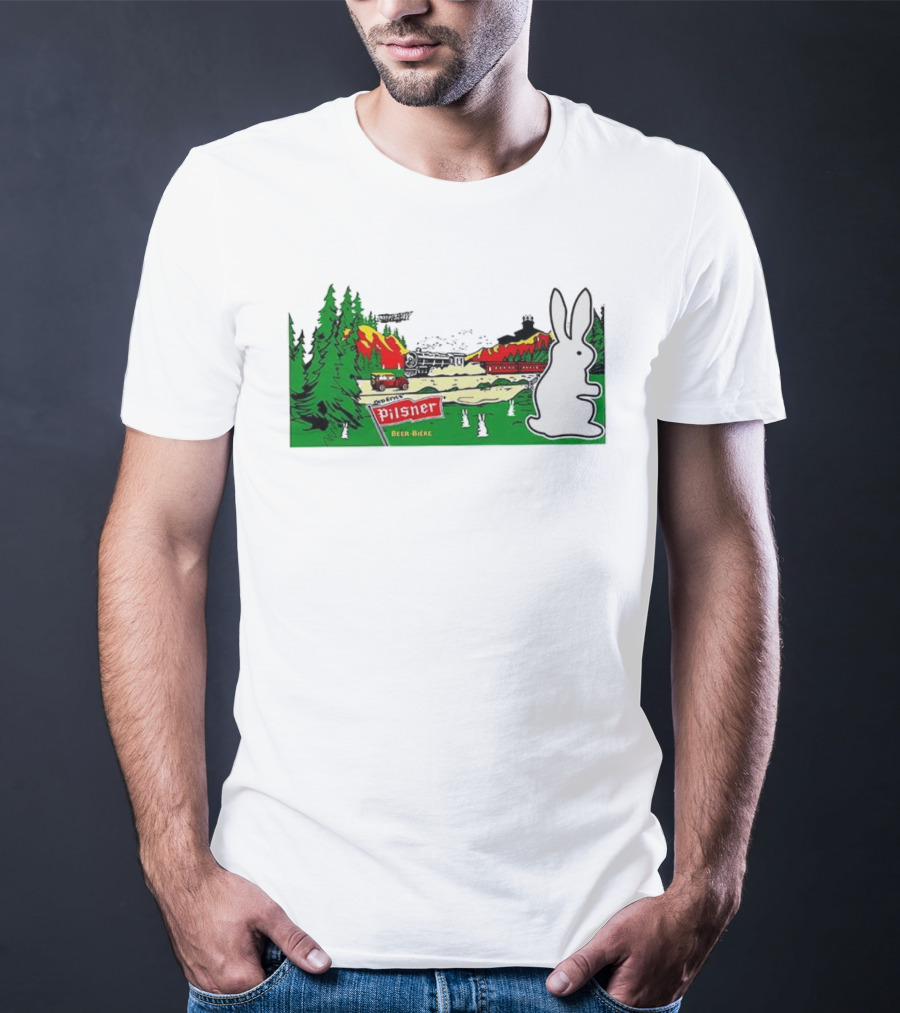 Old Style Pilsner Beer Bière Vintage Cartoon Rabbit Forest Scene T-Shirt