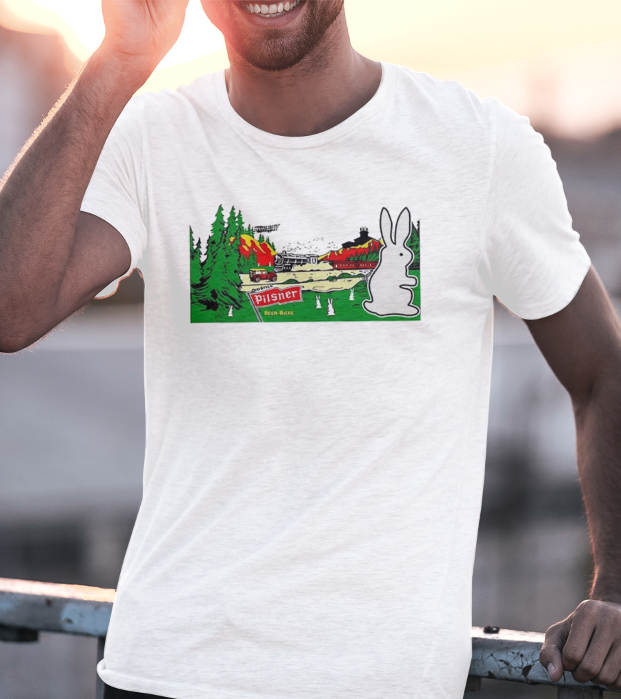 Old Style Pilsner Beer Bière Vintage Cartoon Rabbit Forest Scene T-Shirt