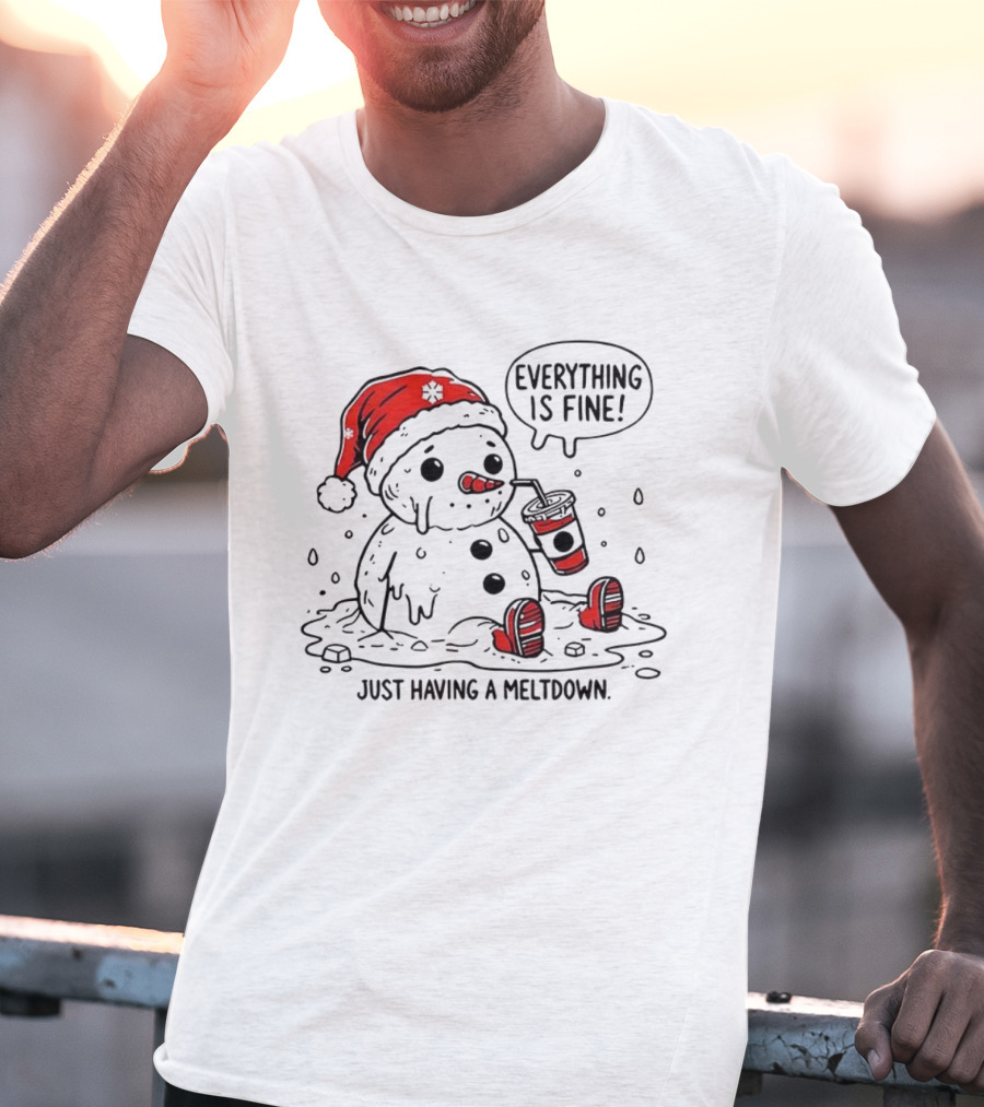 Everything Is Fine Snowman Just Having A Meltdown Red Beanie Funny Winter T-Shirt