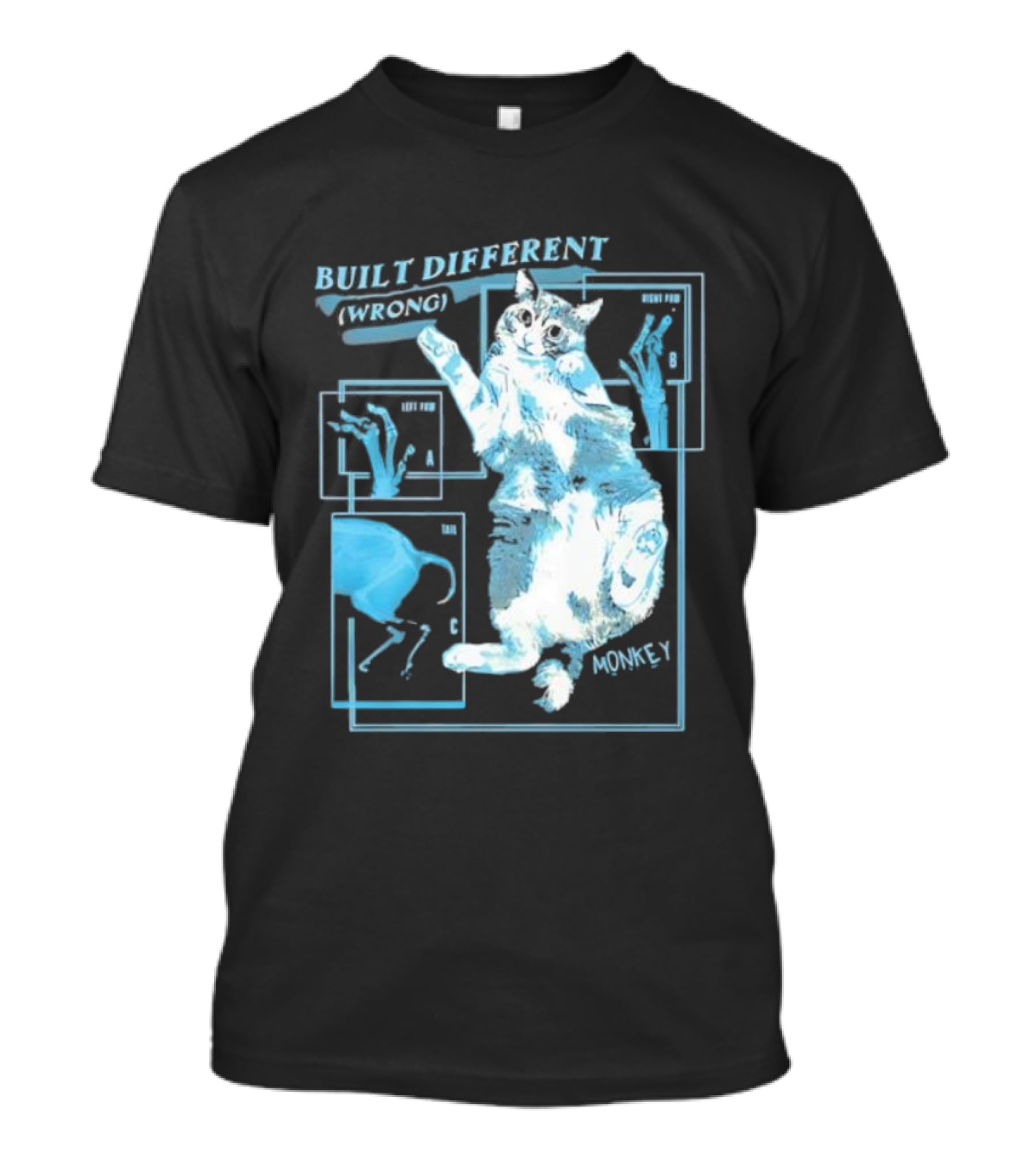 Built Different Wrong Monkey Cat Blueprint Diagram T-Shirt