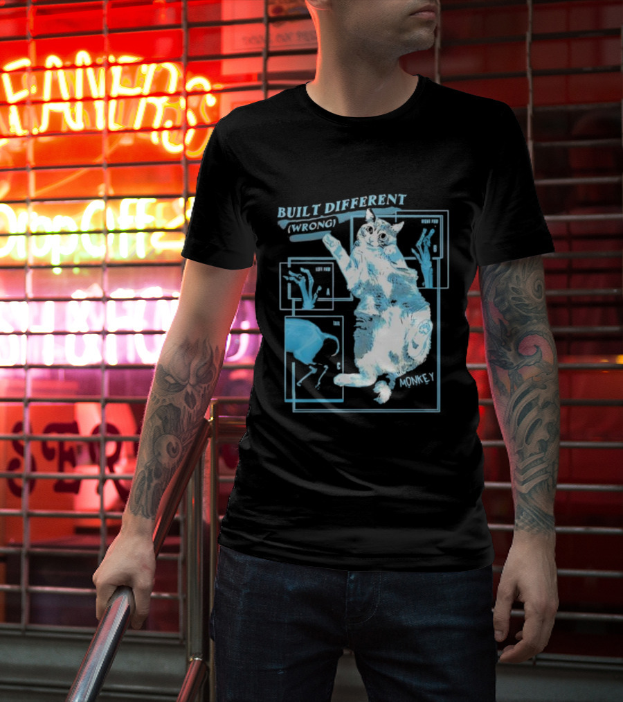 Built Different Wrong Monkey Cat Blueprint Diagram T-Shirt