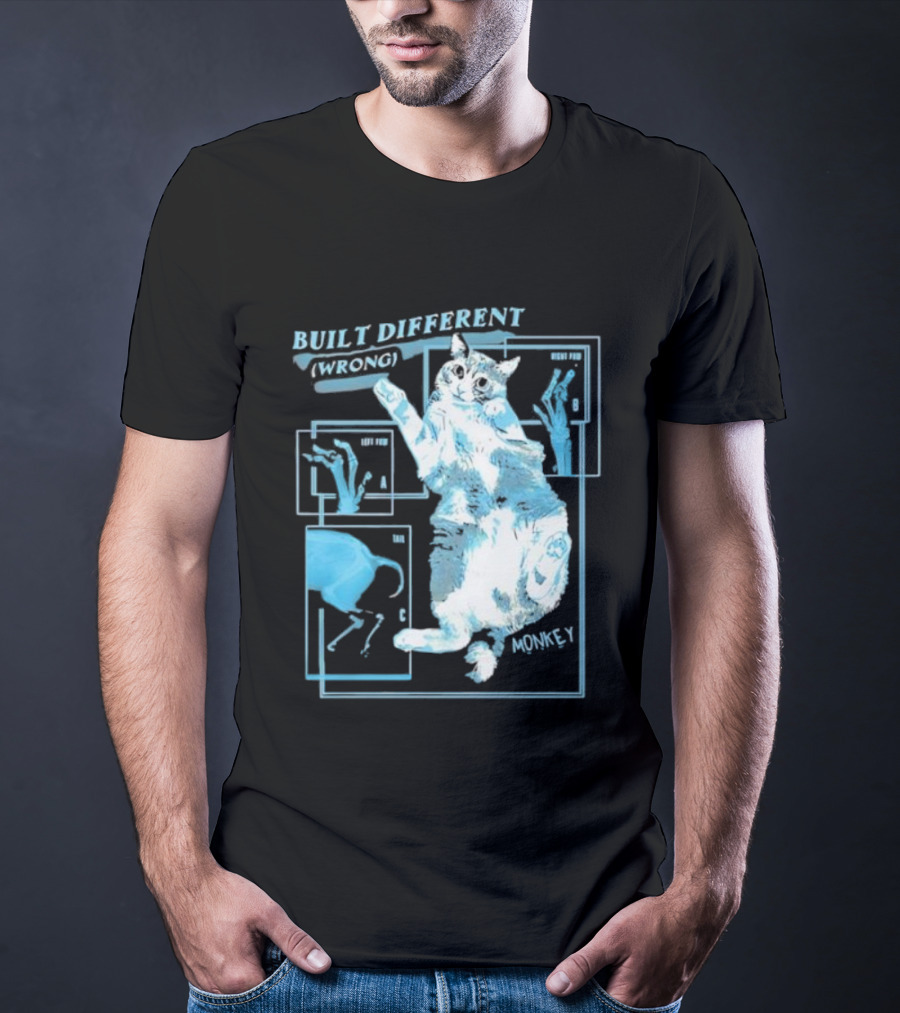 Built Different Wrong Monkey Cat Blueprint Diagram T-Shirt