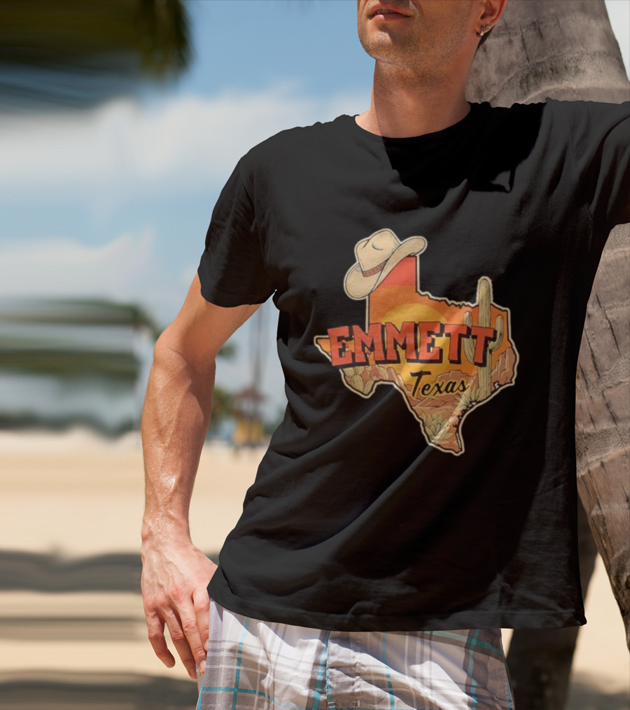 Emmett Texas Cowboy Hat Cactus Sunset Vintage Desert Scene T-Shirt