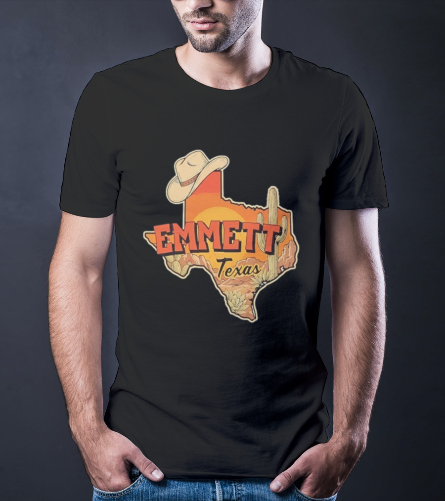 Emmett Texas Cowboy Hat Cactus Sunset Vintage Desert Scene T-Shirt
