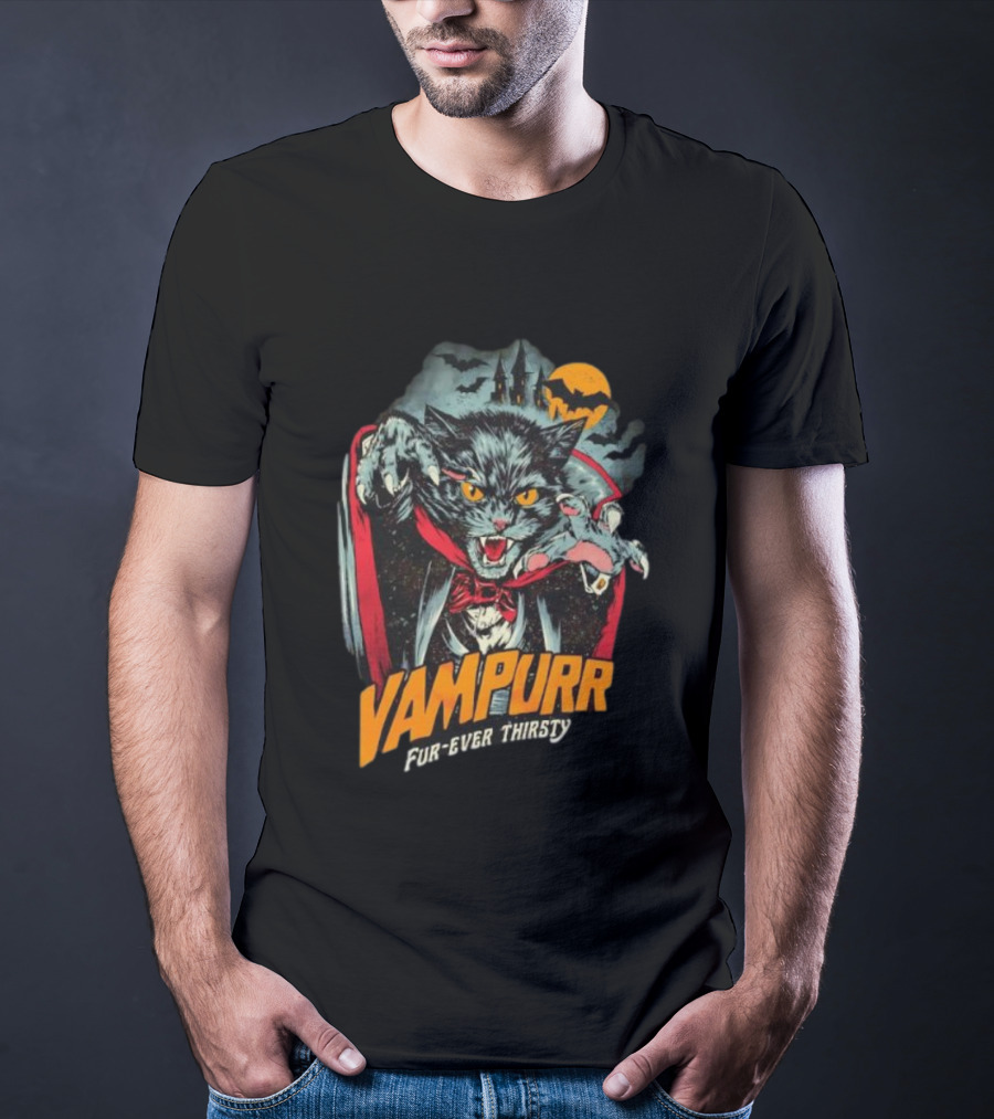 Vampurr Fur-Ever Thirsty Vampire Cat Halloween Moon Bats T-Shirt