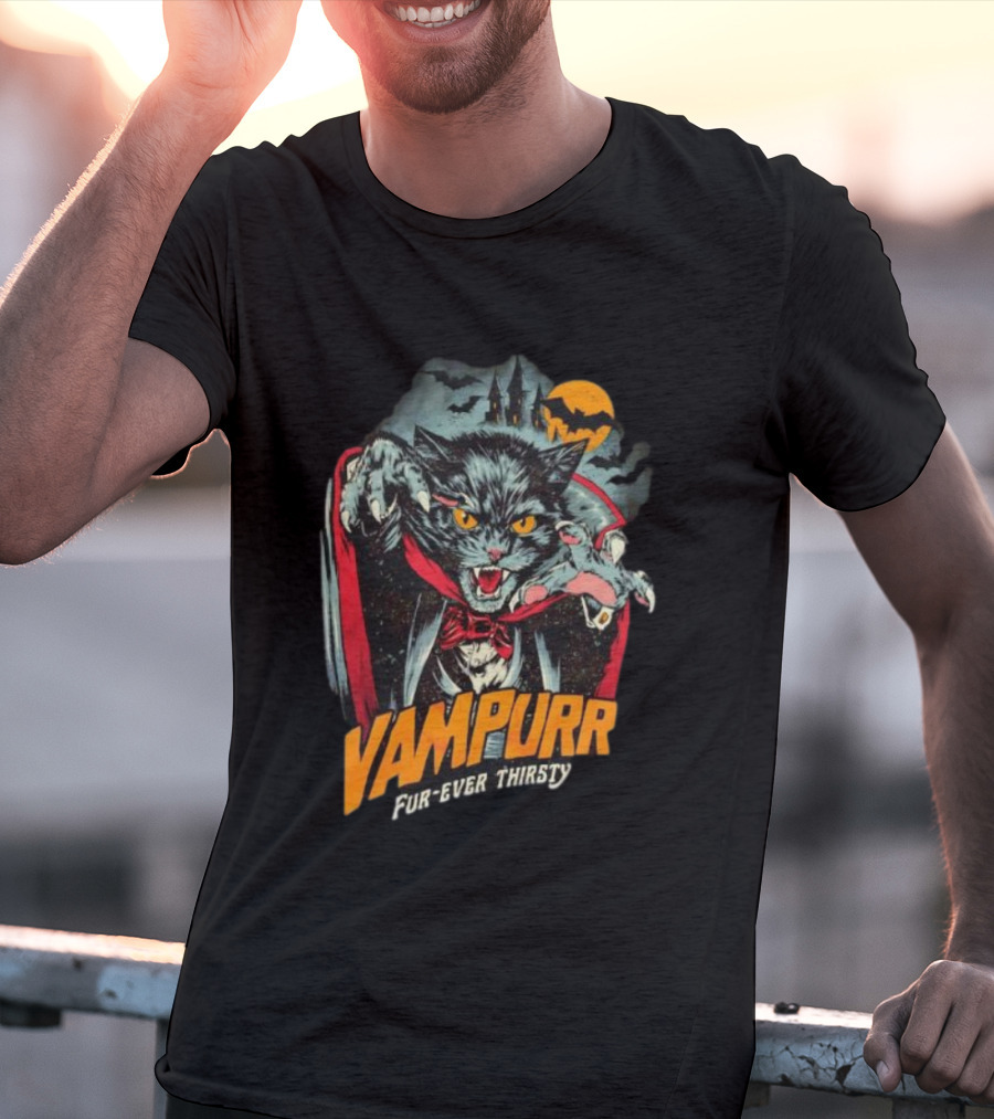 Vampurr Fur-Ever Thirsty Vampire Cat Halloween Moon Bats T-Shirt