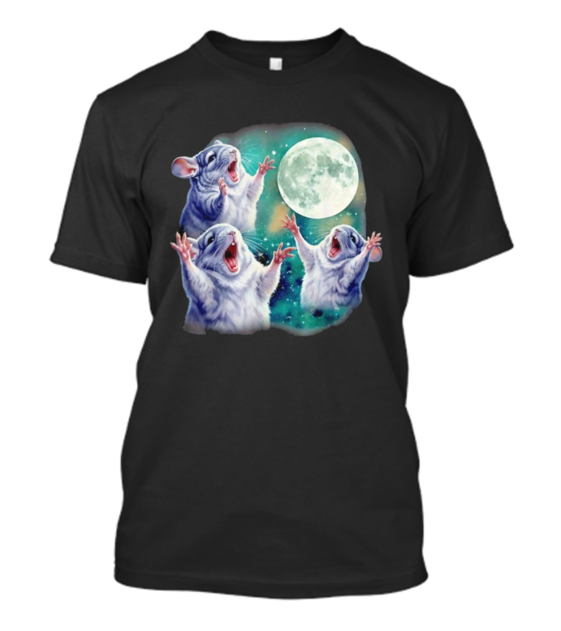 Three Chinchillas Howling At The Moon Cute Animal Meme Funny Rodent Lunar Scene T-Shirt