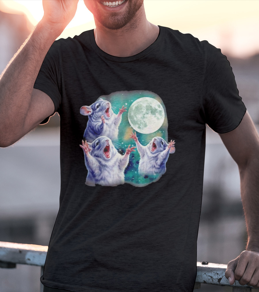 Three Chinchillas Howling At The Moon Cute Animal Meme Funny Rodent Lunar Scene T-Shirt
