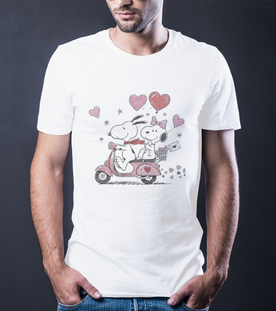 Snoopy Peanuts Valentine's Day Hearts Romantic Scooter Celebration T-Shirt