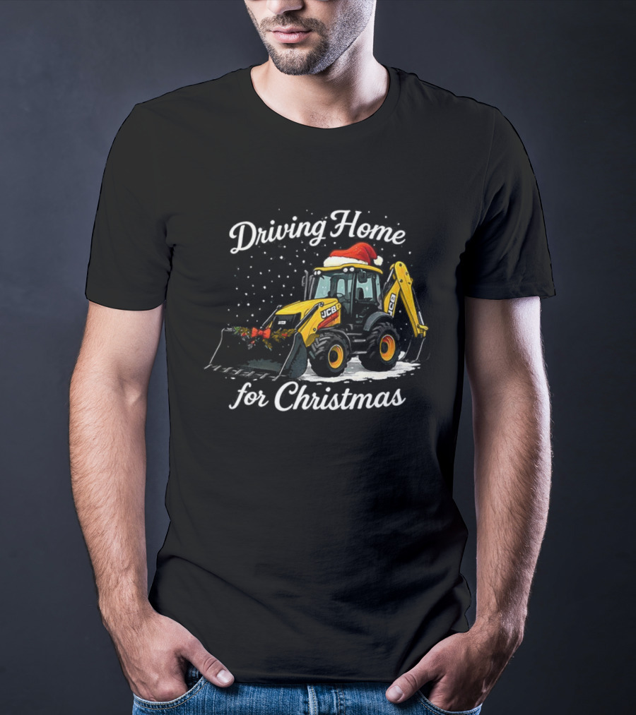 Driving Home For Christmas JCB Excavator Loader Santa Hat Snowfall Scene T-Shirt