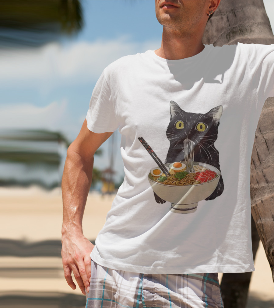 Black Cat Slurping Ramen With Chopsticks Japan Style T-Shirt