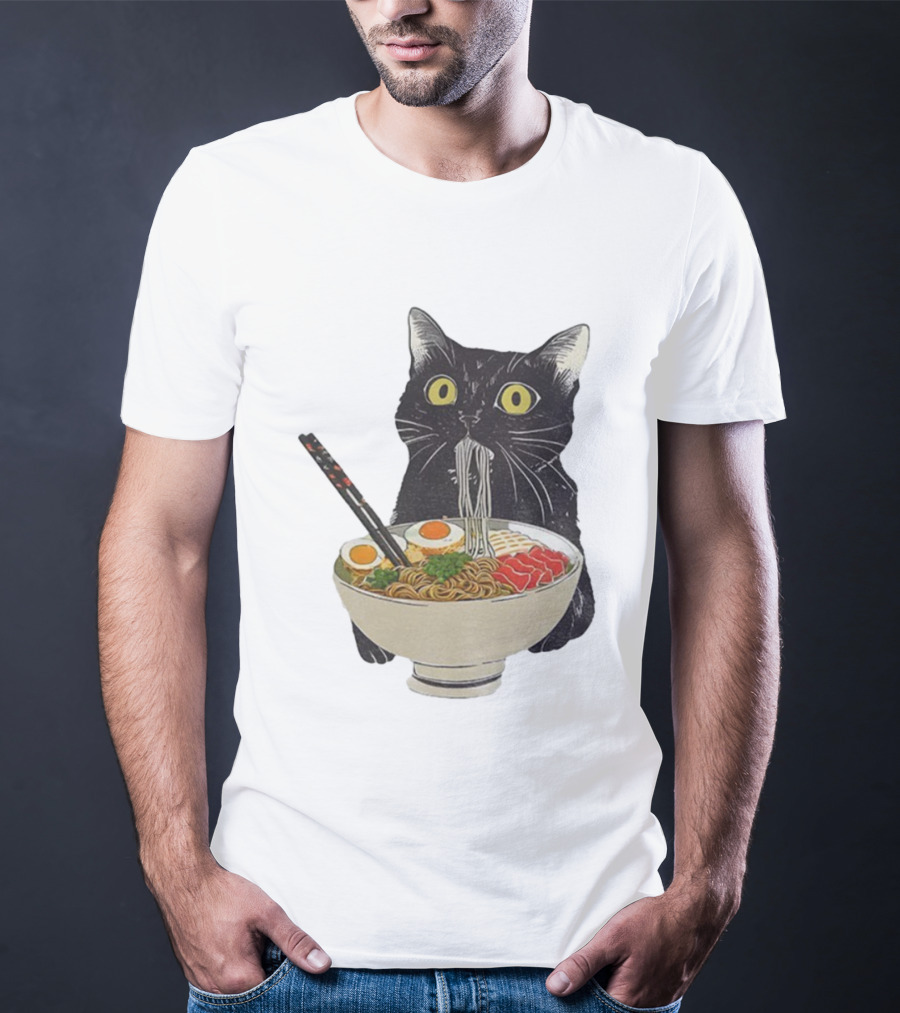 Black Cat Slurping Ramen With Chopsticks Japan Style T-Shirt