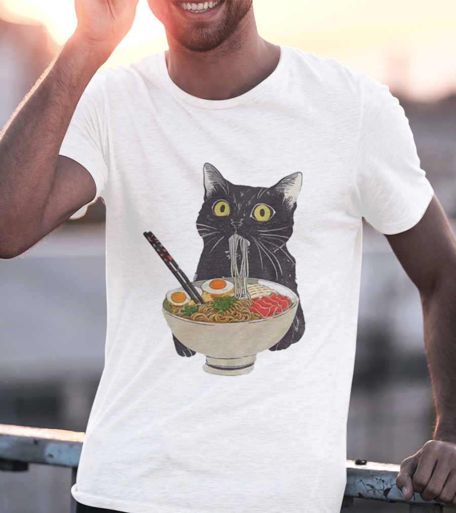 Black Cat Slurping Ramen With Chopsticks Japan Style T-Shirt