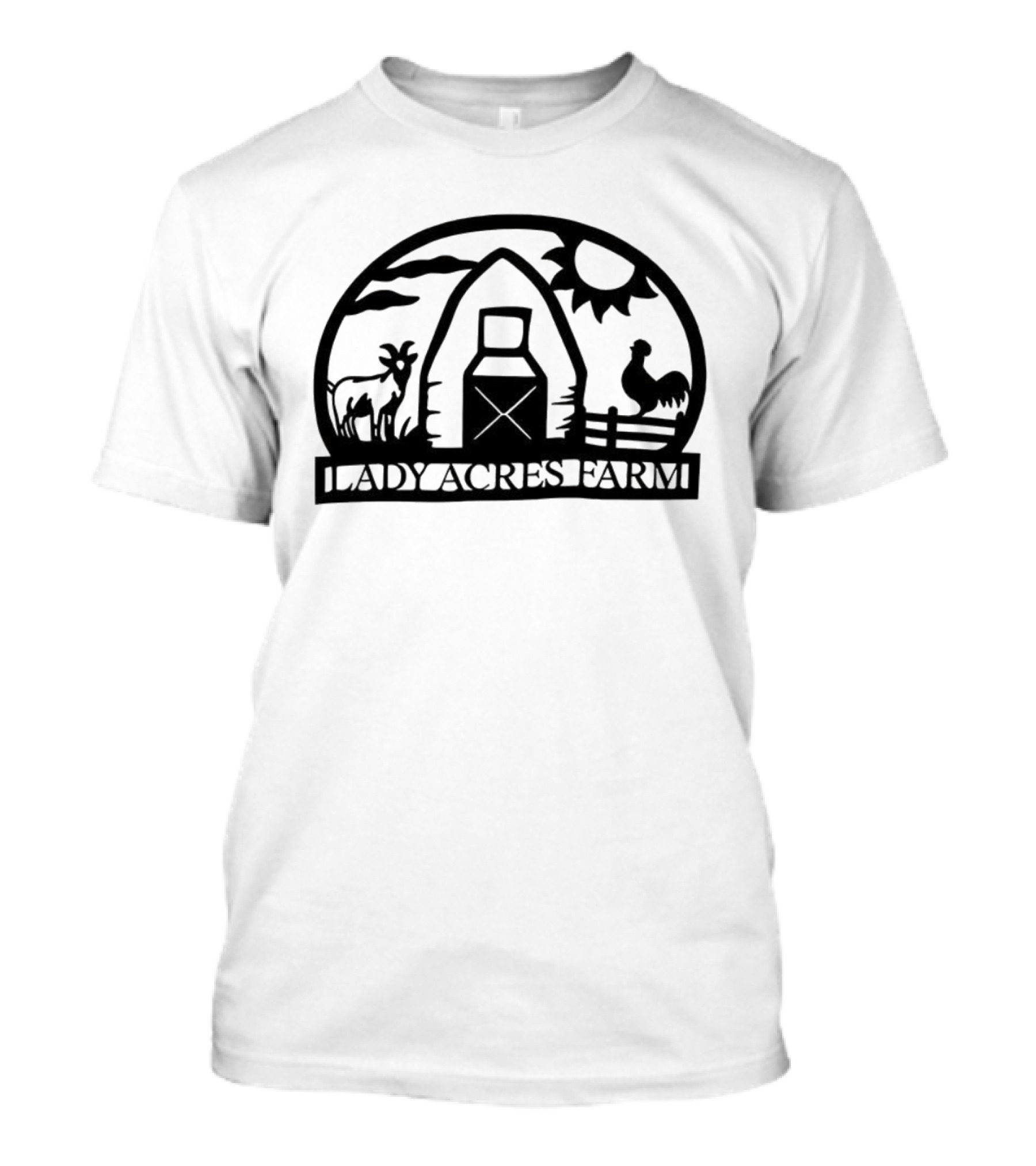 Lady Acres Farm Barn Sun Goat Rooster Fence Scene T-Shirt