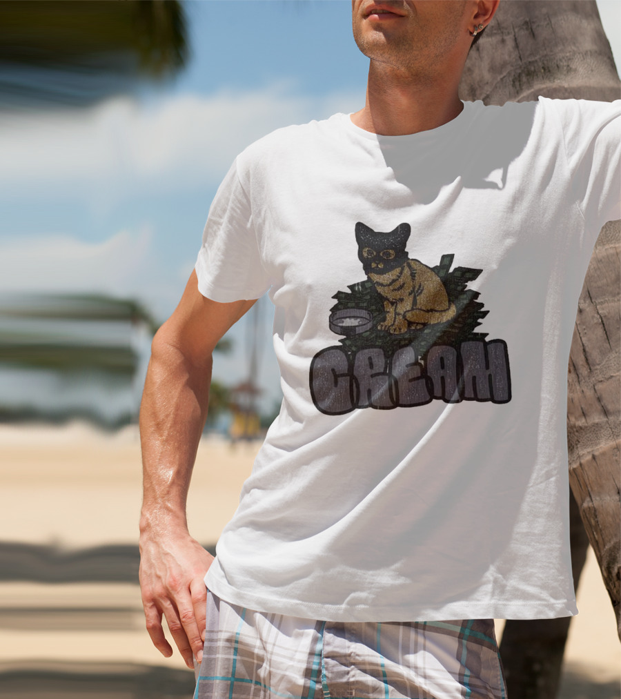 CREAM Cat Vintage Style With Bowl And Leafy Background T-Shirt